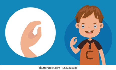 Cute boy Gestures, language English alphabet ,C, sign language of deaf-mutes hand. American Sign Language ASL.