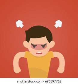 Cute boy gets mad angry fighting with blowing from ears expression, Vector illustration.