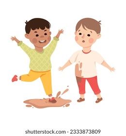 Cute boy getting bullied by classmate. Unhappy boy crying because boy bullying him cartoon vector illustration