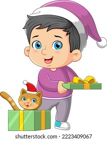 The cute boy is getting the cute kitten from the Santa claus's gift of illustration