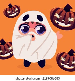 cute boy in ghost costume for halloween
