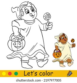Cute boy in ghost costume with sweets in a pumpkin bag. Halloween concept. Coloring book page for children with colorful template. Vector cartoon illustration. For print, preschool education and game