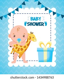 cute boy with giraffe and gift baby shower card vector illustration