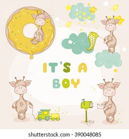 Cute Boy Giraffe Set. Baby Shower or Arrival Card in vector
