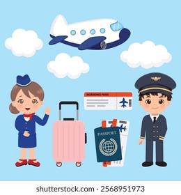 Cute boy and girl airplane cabin crew clip art