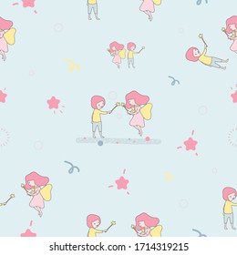 Cute boy and cute girl angel pattern,relax color concept,pink cheek,rosy cheek,soft pastel color,vector illustration for graphic design,textile pattern,website,banner, card,background,artwork