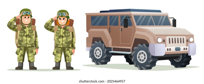 Cute boy and girl army soldier carrying backpack characters with military vehicle