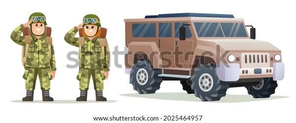 Cute boy and girl army soldier carrying\
backpack characters with military\
vehicle