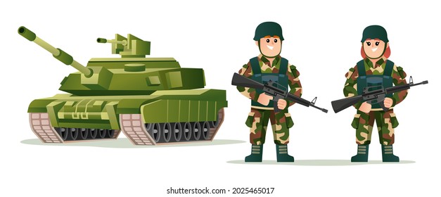Cute boy and girl army soldiers holding weapon guns with tank cartoon illustration