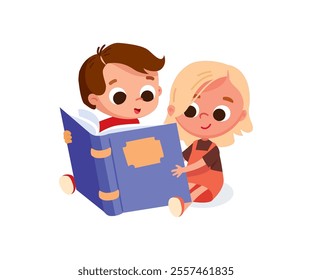 Cute boy and girl baby sitting on the floor and reading book, leaning to read, magazine with pleasure and curiosity. Reading for fun and dreaming sitting on floor. Isolated vector illustration.