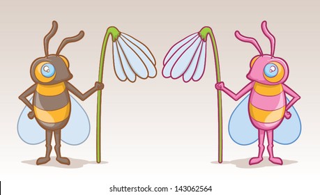 Cute boy and girl Bee Cartoons Holding Flowers