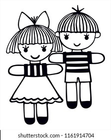 Cute boy and girl in black and white. For coloring or logo. 