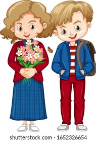 Cute boy and girl in blue and red clothes illustration