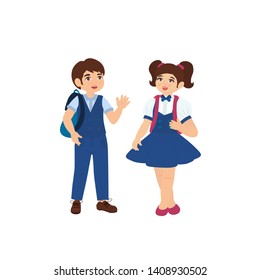 Cute boy and girl in blue school uniform. Vector illustration for banner, invitation,  decor, interior design.