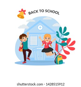 Cute boy and girl in blue school uniform. Back to school. Vector illustration for banner, invitation,  decor, interior design.