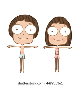 Cute boy and girl body front and back on white background,illustration.