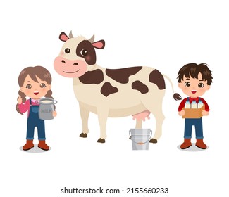 Cute boy and girl carrying fresh milk produce from cow. Flat vector cartoon design