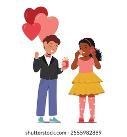 Cute boy and girl cartoon characters wearing festive clothing celebrating Valentine day vector illustration. Little boyfriend giving balloons and romantic gift to girlfriend with greeting cards