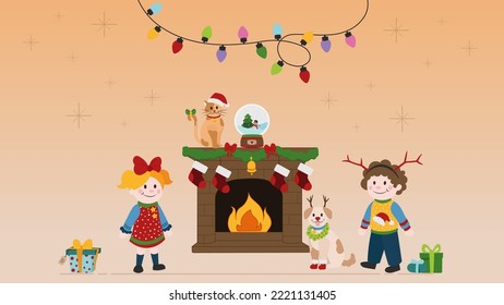 Cute boy and girl celebrate the new year with pets in front of the fire place. Happy children, dog and cat play, vector design. Christmas illustration.