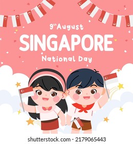 Cute boy and girl celebrate Singapore national day social media post