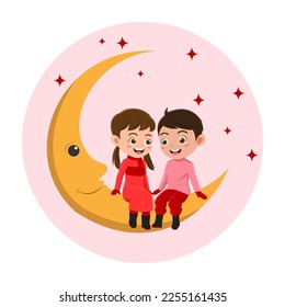 Cute Boy and Girl Celebrating Valentines Day, Background in Separate Layers for Easy Editing