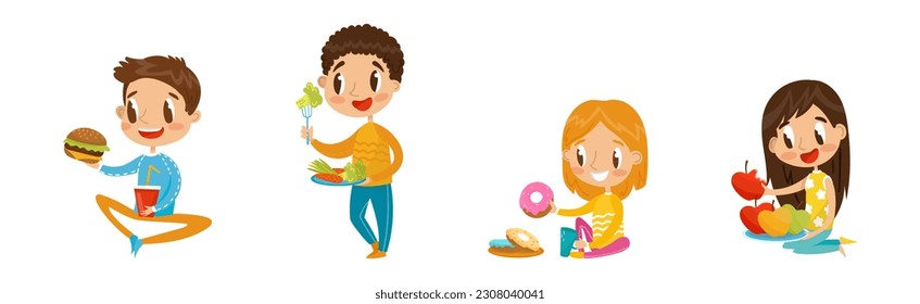 Cute Boy and Girl Character Eating Healthy and Fast Food for Lunch Vector Set