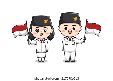 Cute boy and girl character heritage flag hoisting troop indonesia independence day flat cartoon illustration chibi kawaii