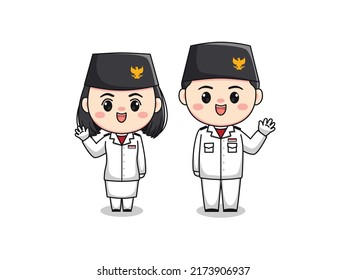 Cute boy and girl character heritage flag hoisting troop indonesia independence day waving hands flat cartoon illustration chibi kawaii