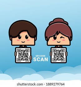 Cute boy and girl character holding QR code. Scanning QR code. Illustration vector