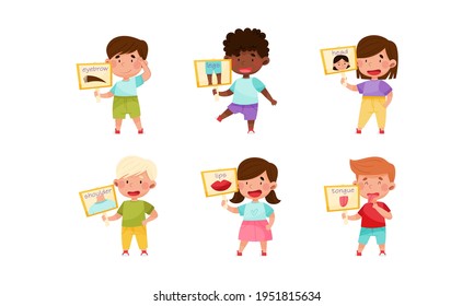 Cute Boy and Girl Character Holding Card with Body Part Picture Vector Set