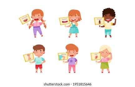 Cute Boy and Girl Character Holding Card with Body Part Picture Vector Set