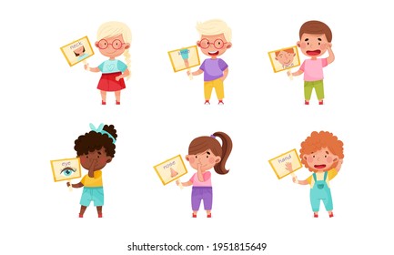 Cute Boy and Girl Character Holding Card mit Body Part Picture Vector Set