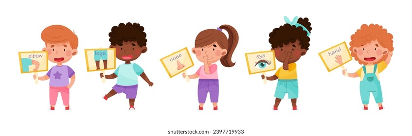 Cute Boy and Girl Character Holding Card with Body Part Picture Vector Set
