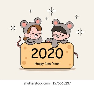 A cute boy and girl character in a rat costume sit on a cheese that says 2020. hand drawn style vector design illustrations. 