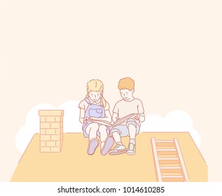 Cute boy girl character reading a book on the roof. hand drawn style vector doodle design illustrations.