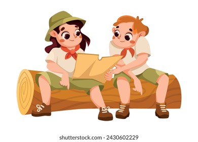 Cute Boy and Girl Character in Safari Outfit Sitting on Log with Map Vector Illustration