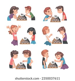 Cute Boy and Girl Character Sitting and Playing Chess Vector Set