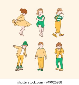 cute boy and girl character yellow and green color hand drawn illustrations. vector doodle design 