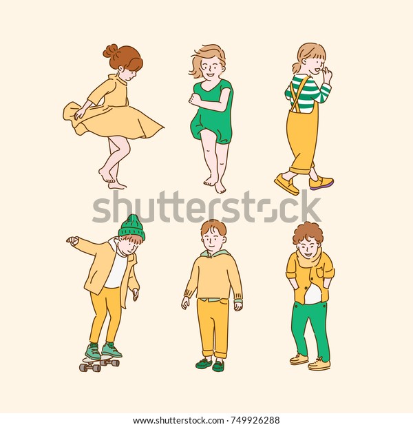 かわいい男の子と女の子のキャラクター 黄色と緑の色の手描きのイラスト ベクター画像落書きデザイン のベクター画像素材 ロイヤリティフリー