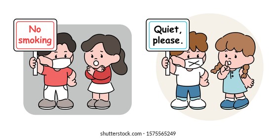 Cute boy and girl characters. The children are holding a sign saying 'No Smoking' and 'Quiet please'. hand drawn style vector design illustrations. 