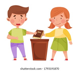 Cute Boy And Girl Characters Giving Oath With Bible Vector Illustration