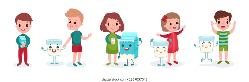 Cute Boy and Girl Characters Playing with Humanized Milk Carton and Glass Vector Set