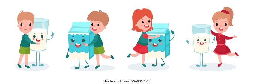 Cute Boy and Girl Characters Playing with Humanized Milk Carton and Glass Vector Set