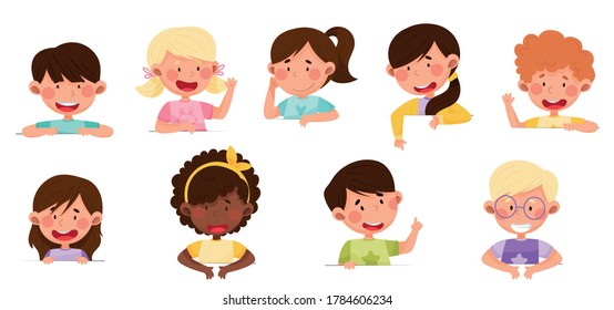 Cute Boy and Girl Characters Sitting at Table or School Desk and Speaking Vector Illustrations Set