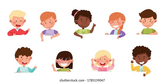 Cute Boy and Girl Characters Sitting at Table or School Desk and Speaking Vector Illustrations Set