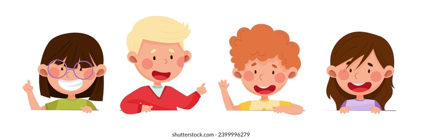 Cute Boy and Girl Characters Talking and Speaking at Table or Desk Vector Illustration Set