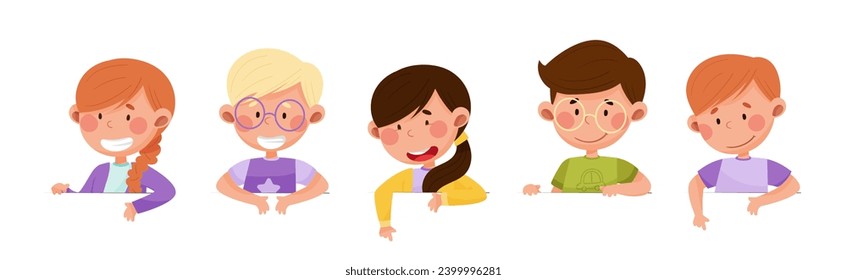 Cute Boy and Girl Characters Talking and Speaking at Table or Desk Vector Illustration Set