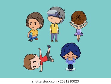 Cute boy and girl chibi character illustration in multiple pose