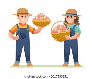 Cute boy and girl of chicken farmer holding basket filled with eggs cartoon characters