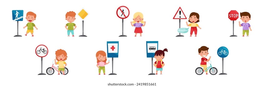 Cute Boy and Girl Child Learning Rules of Road and Traffic Education Vector Set